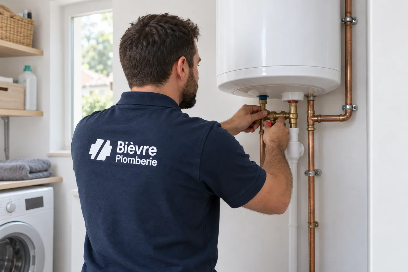 Plombier Bièvre Plomberie raccordant le groupe de sécurité sous un chauffe-eau électrique blanc
